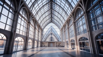 Grand Modern Hall with Vaulted Glass Ceiling and Arched Windows, Empty Interior