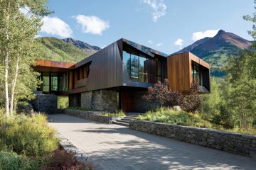 Modern house with large windows located in mountain area with greenery and clear sky in Colorado during daytime. This unique design showcases integration with nature and luxury living