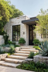 Modern stone house with large windows, landscaped garden, and steps leading to the entrance in a suburban area during the daytime