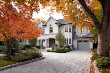 This gorgeous home is nestled amid towering trees and vibrant autumn foliage, situated in a tranquil neighborhood that perfectly embodies the beauty of the fall season
