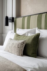 In a beautifully illuminated bedroom filled with modern decor, a neatly made bed showcases an array of green and cream-colored pillows resting comfortably