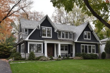 Home with dark exterior and large windows set on a green lawn surrounded by trees in a suburban neighborhood during autumn season