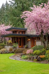 Cherry blossom trees frame a modern house with stone walls and wooden accents in a garden setting during springtime in a quiet neighborhood