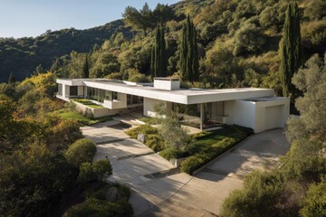Modern house located on a hillside surrounded by trees and greenery during daylight offers a serene view of the landscape and outdoor space