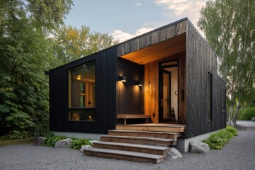 Modern black wooden house with large windows situated in a green natural setting during daytime surrounded by trees and gravel pathways