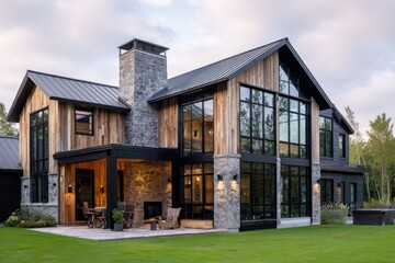 A contemporary house featuring expansive windows and charming stone accents, beautifully situated in a lush green yard, bathed in the warm glow of the late afternoon sun