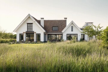 A contemporary home is nestled in lush green grass, surrounded by trees, all under a bright blue sky during the day in a serene rural landscape