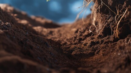 A close-up macro shot of soil layers showing organic matter, minerals, and tiny roots weaving through textured earth, emphasizing biodiversity beneath the surface. cinematic color correction,