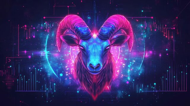 Futuristic abstract Aries ram head in neon purples and blues, glowing particles and data like visualizations form a mystical, animated zodiac constellation loop