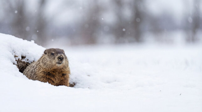 Groundhog peeks from snowy burrow. Groundhog in winter snow with falling flakes, wild groundhog closeup for Groundhog Day greeting, wildlife background, copy space, soft bokeh, quiet mood