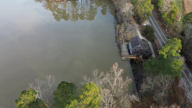Aerial view of Yates Mill , a public city park in Raleigh North Carolina