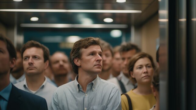 A packed elevator during office rush hour, tired faces illuminated by sterile ceiling lights as the doors close on a chorus of morning sighs &mdash; vertical commuting, crowded workspace dynamics, and