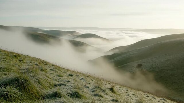 Mist Shrouded Hillscape Over Foggy Valley At Dawn.