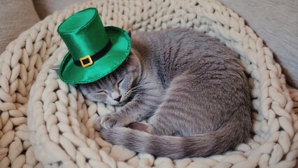 A gray cat sleeps curled up in a cozy blanket, wearing a small green leprechaun hat. The scene captures a festive St. Patrick's Day theme.