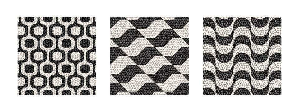 Ipanema, Sao Paulo and Copacabana pavement backgrounds with realistic cobblestone texture. Famous beach promenades in Brazil. Repeating wavy print in Portuguese sidewalk style. Vector illustration.