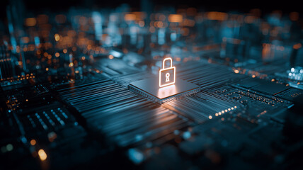A secure digital padlock on a circuit board representing cybersecurity data protection and information security systems.
