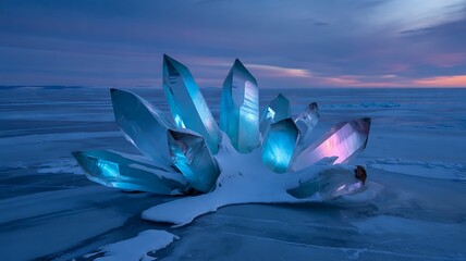 Illuminated Blue Crystals on Frozen Lake at Sunset | Arctic Ice Art Installation