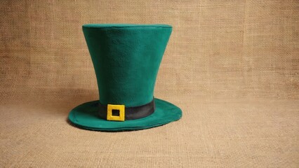 A green leprechaun hat with a black band and yellow buckle. The hat is placed on a textured burlap background, suitable for St. Patrick's Day celebrations.