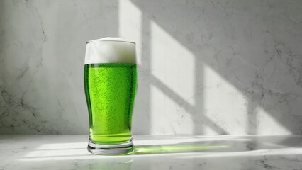 A glass of green beer with foam sits on a marble surface. The drink is illuminated by natural light, creating shadows in the background. Perfect for St. Patrick's Day celebrations.
