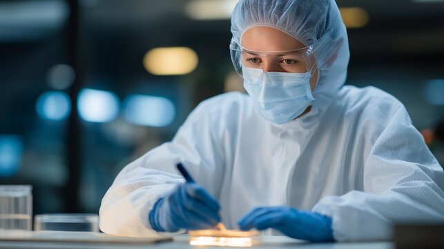 A pharmaceutical technician compounding sterile medication beneath a laminar airflow hood, smooth directional air protecting samples from contamination in a regulated cleanroom environment. - Powered by Adobe