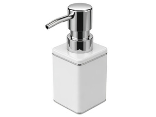 Obraz premium A sleek and contemporary chrome soap dispenser with a white rectangular base, perfect for modern bathrooms.