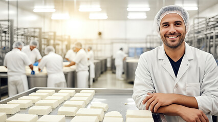 Smiling man in white coat stands confidently in food production facility, surrounded by colleagues working with cheese blocks, showcasing teamwork and dedication in dairy manufacturing