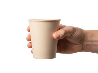 Obraz premium A person's hand holding a disposable paper coffee cup against a plain white background.