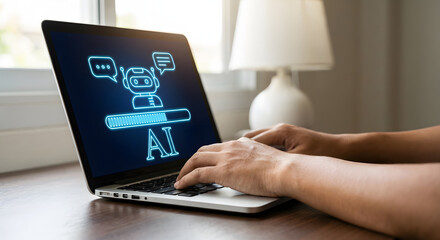 Person typing on laptop with glowing neon artificial intelligence AI chatbot loading bar and speech bubbles on screen for machine learning and business software progress concept