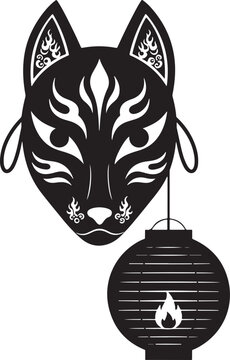 Japanese kitsune mask and lantern design a striking black silhouette