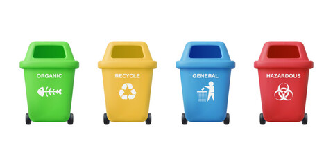 Set of different colored Recycling Bin, 3D Minimal Style. Waste Sorting And Clean Environment Concept, vector illustration