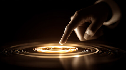 A human finger interacting with a glowing circular digital interface illustrating technology control, innovation and user interaction concept.
