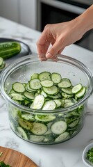 Hand placing lid on bowl of freshly shaken cucumber salad on table  