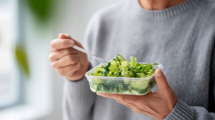 Adult person eating shakeable cucumber salad from container with fork  