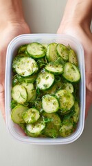 Hands holding a container of shakeable cucumber salad with fresh slices  