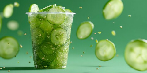 Close-up shot of cucumber slices in transparent container with dressing, concept of Shakeable cucumber salads  