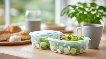 Two shakeable cucumber salad containers on table with casual lunch setting  