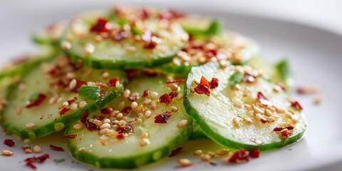 Cucumber slices layered with sesame seeds and chili flakes on plate  