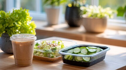 Shared table with two shakeable cucumber salad containers and drink  