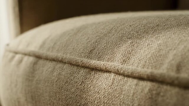 Closeup of a textured beige fabric cushion with a seam.