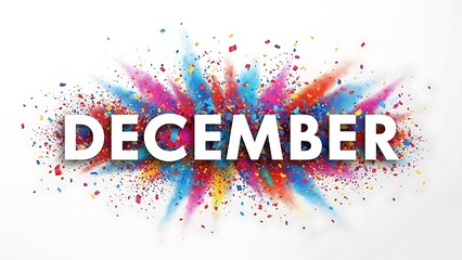 The word December displayed in bold white letters surrounded by a burst of multicolored confetti pieces in red blue yellow and pink with a dynamic
