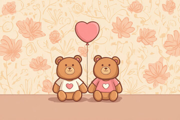 Cute Brown Bears Holding Heart Balloon on Floral Background