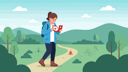 Adventurous Woman Navigating Outdoor Route With Compass During Scenic Hike