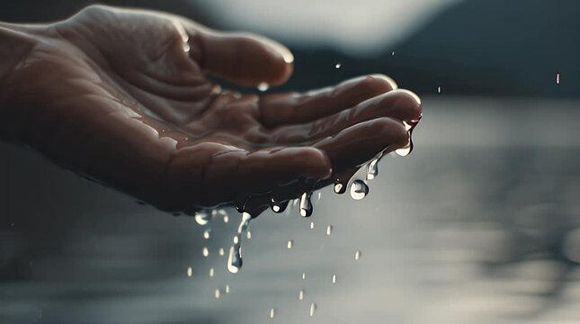 A person's hand cupped under a stream of falling water droplets