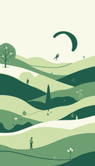 A serene landscape depicting rolling hills with a lone paraglider soaring through the sky and scattered individuals walking amidst the vibrant greenery