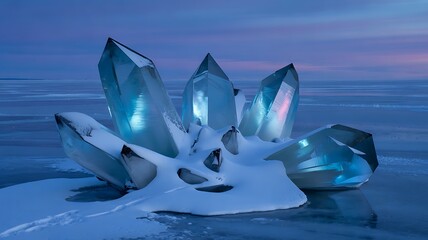 Fototapeta premium Majestic Ice Crystals Illuminated in Arctic Dusk | Frozen Lake Art Installation