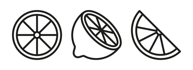 Lemon half and lemon slice icon set in outline style. Black and white line illustration isolated. Clean citrus food symbols. © IRYNA
