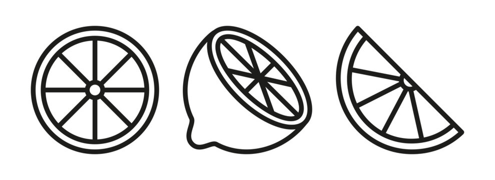 Lemon half and lemon slice icon set in outline style. Black and white line illustration isolated. Clean citrus food symbols.