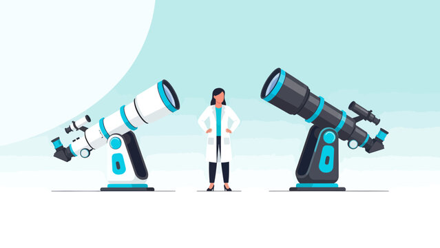 Astronomer Stands Tall Between Two Telescopes Under The Vast Blue Sky