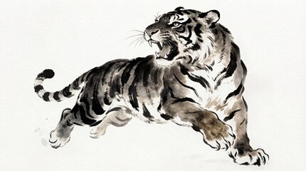 Dynamic ink wash tiger in pouncing pose