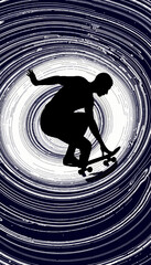 Dynamic silhouette of a skateboarder performing a high-flying trick against a swirling abstract background creating a sense of motion and energy in the scene